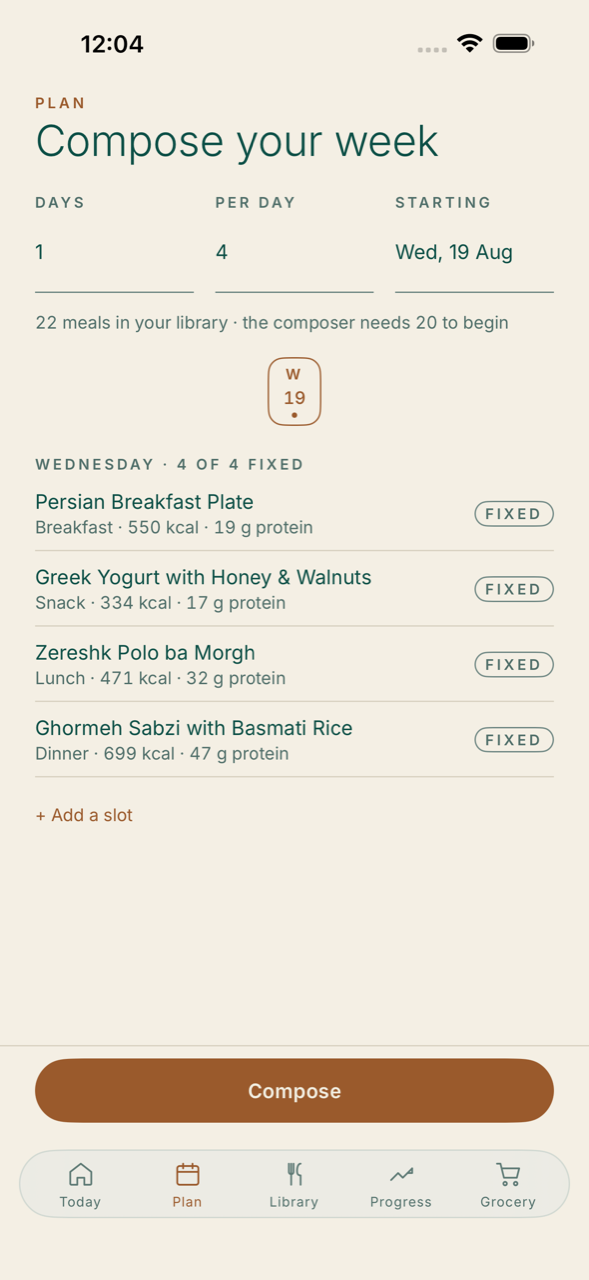 Tanin's Plan: a composed week, day by day, with each day's total.