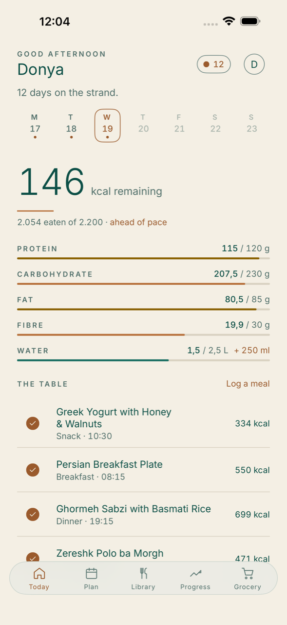 Tanin's Today screen: 146 kcal remaining, the day's macros, and the table of meals already logged.